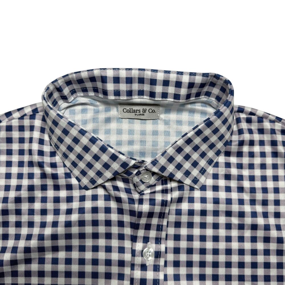 Collars & Co Mens Dress Collar Polo Shirt XL Navy Blue Gingham Golf Performance